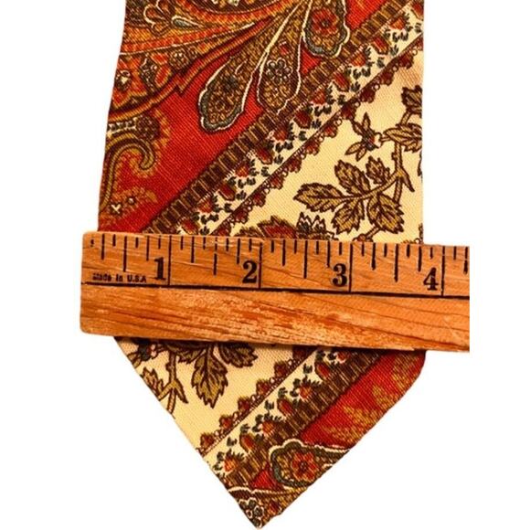 Vintage 60s 70s Paisley Floral Diagonal Stripe Wide Neck Tie Red Cream Orange - Picture 5 of 6